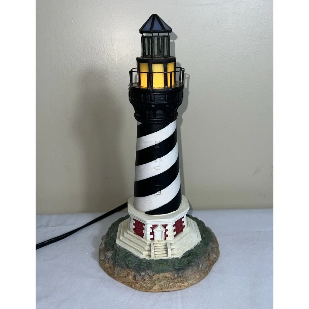 Vintage Cape Hatters Lighthouse Night‎ Light Stain Glass at top on/off switch